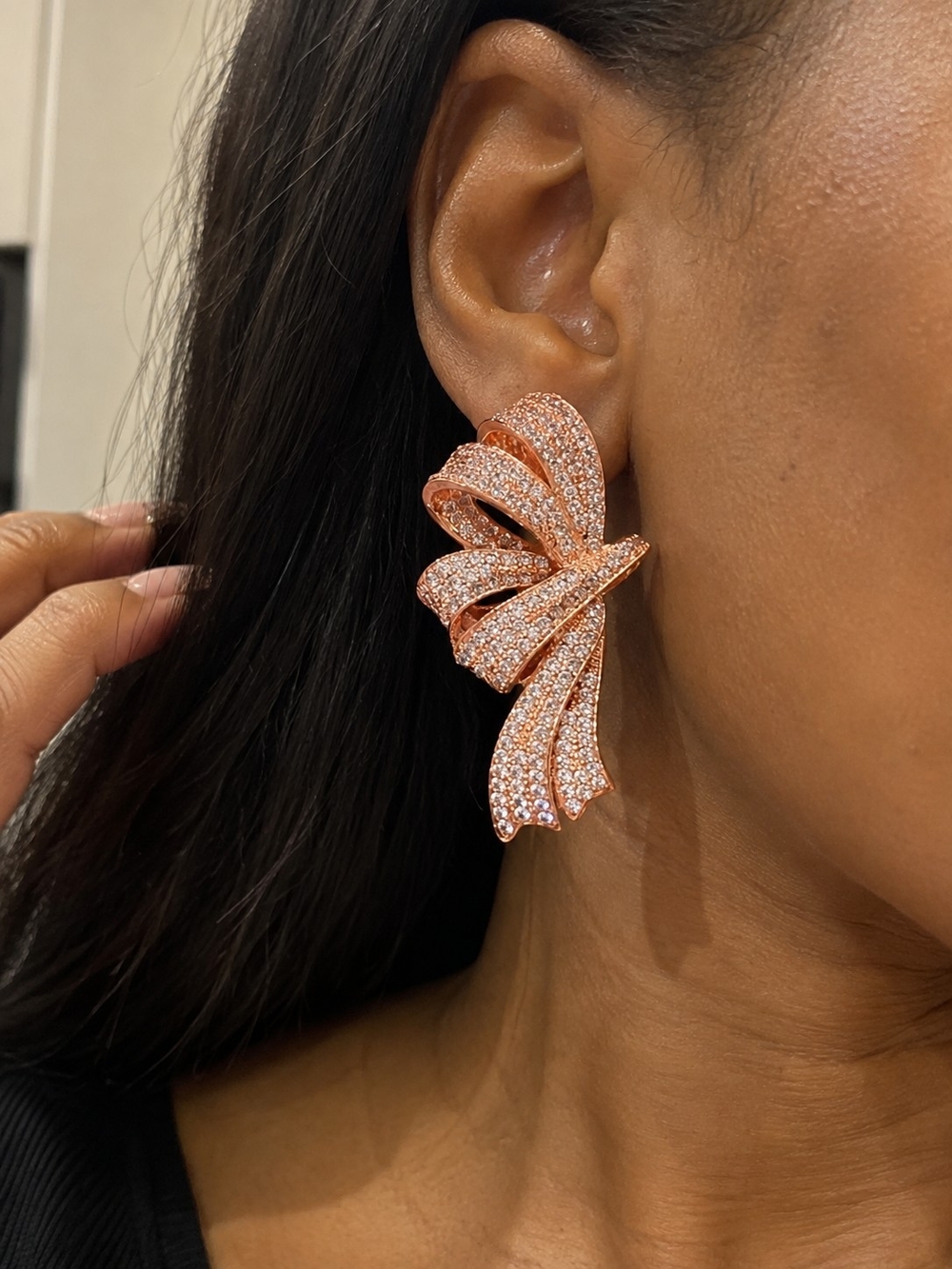 Rose Gold Crystal Ribbon Statement Earrings